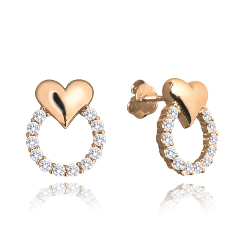 Strieborné náušnice v ružovom zlate so srdiečkami LOVE s bielymi zirkónmi MINET JMAN0420RE00
