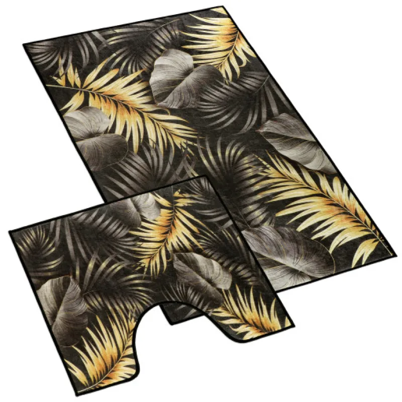 Bellatex Koupelnová předložka 3D tisk sada, List černý, zlatý - 60x100, 60x50cm