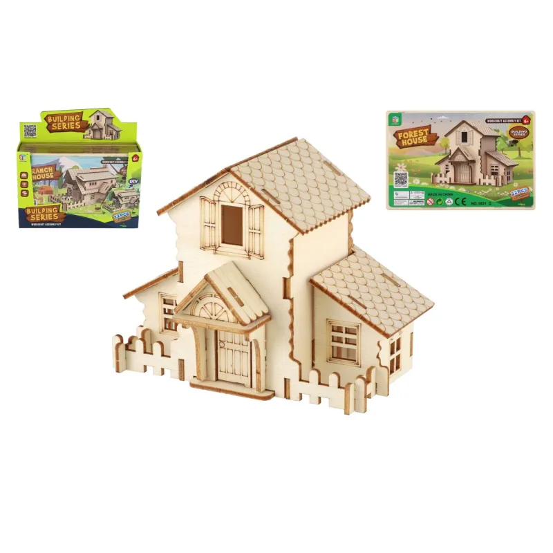 Teddies Dřevěné 3D puzzle/stavebnice domeček 4 druhy ve fólii 22,5x15cm 12ks v boxu