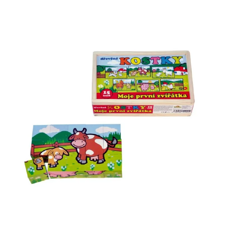 Teddies Kocky kubus Moje prvé zvieratká drevo 15ks v drevenej krabičke 20x13x5,2cm MPZ