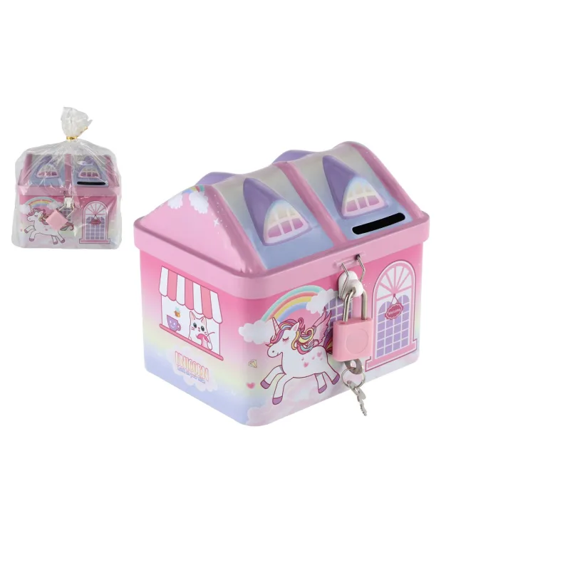 Teddies Pokladnička domček jednorožec plechová so zámkom 11x9cm ružová v sáčku
